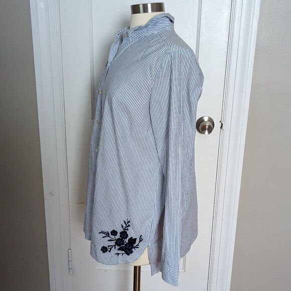 J Jill | Striped & Embroidered Cotton Blouse - Medium - Picture 3 of 8